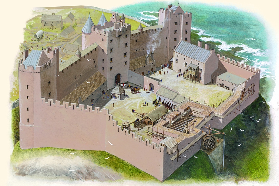 A castle courtyard beside the sea