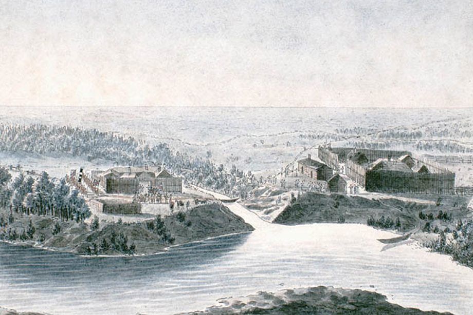 Two wooden forts built either side of a river 