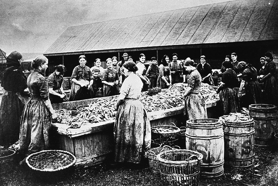 Women surrounded by baskets of fish