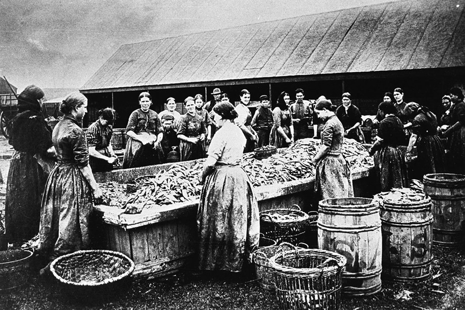 Women surrounded by baskets of fish