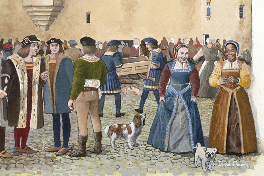 Illustration of a white woman and a Black woman in a courtyard with dogs and people, wearing 16th century clothing