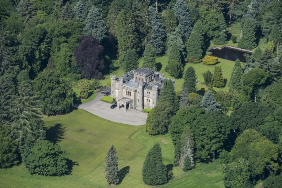 An aerial view of Leys Castle