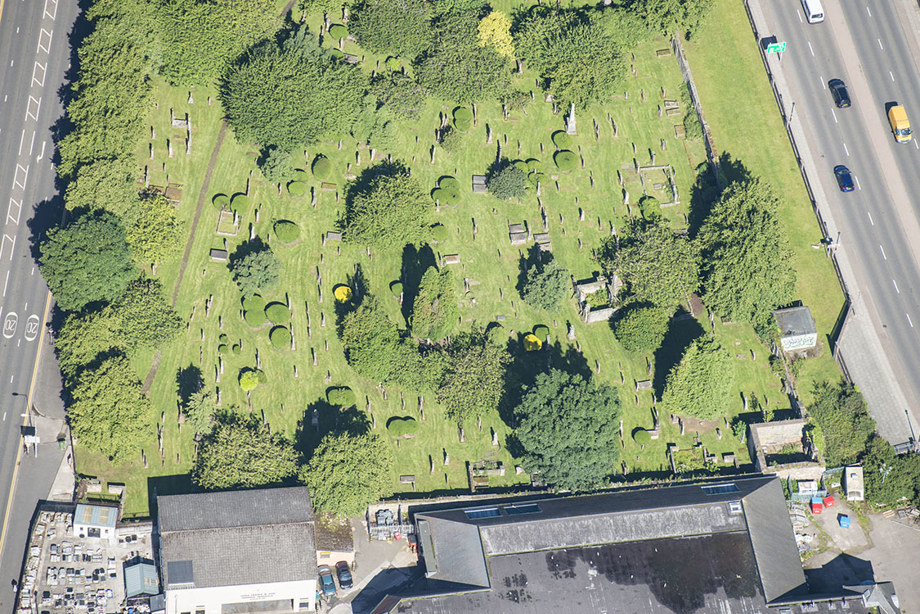 An aerial view of a churchyard