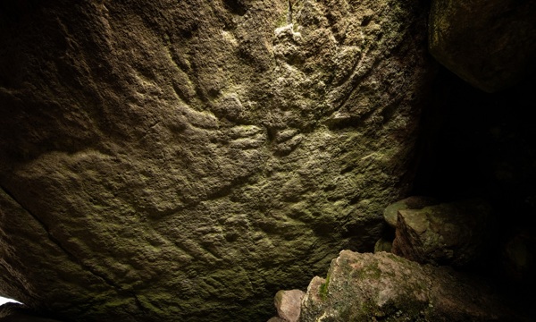 a stone surface carved with the outline of a stag, with giant antlers