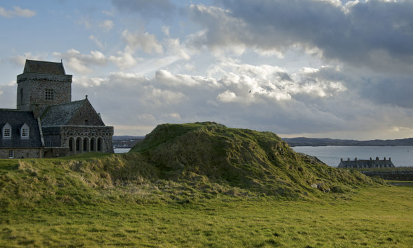 General view of Iona Abbey and the Sound of Iona in the background