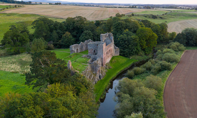 Aerial view of Hailes Castle, East Lothian, by the river Tyne