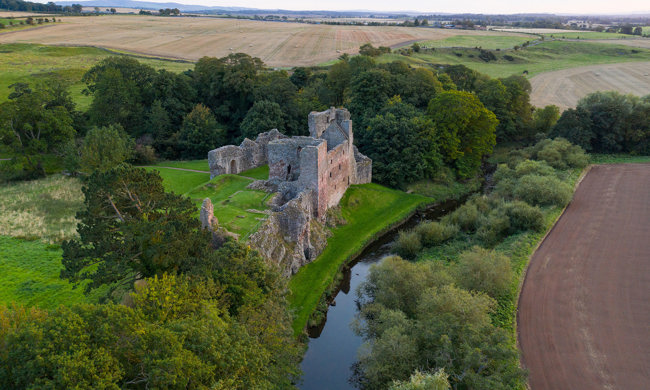 Aerial view of Hailes Castle, East Lothian, by the river Tyne