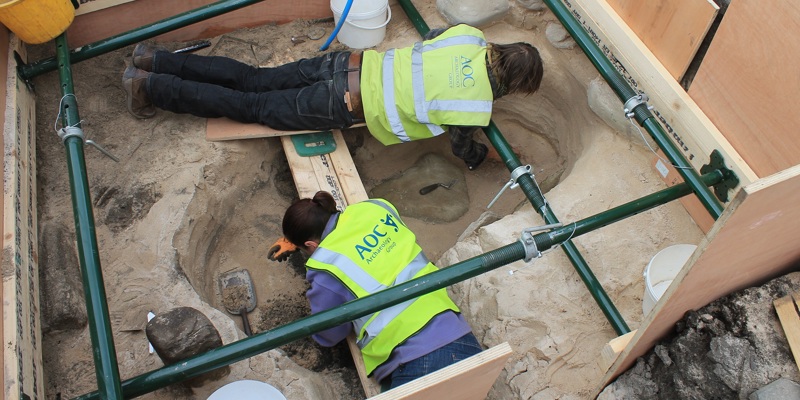 photo looking down on two archaeologists working at an excavation, lying on top of a scaffold to protect the site under them