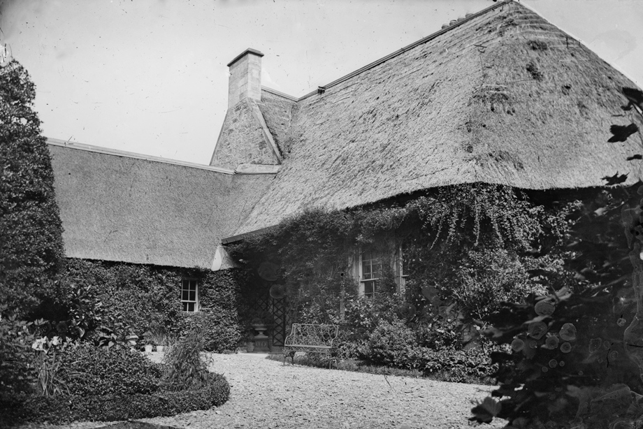 A low thatched roof cottage with plants and greenery growing up the walls and around the windows
