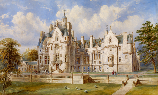 A large stone mansion with turrets 