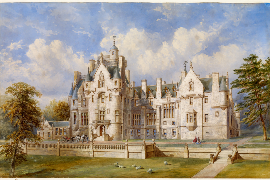 A large stone mansion with turrets 