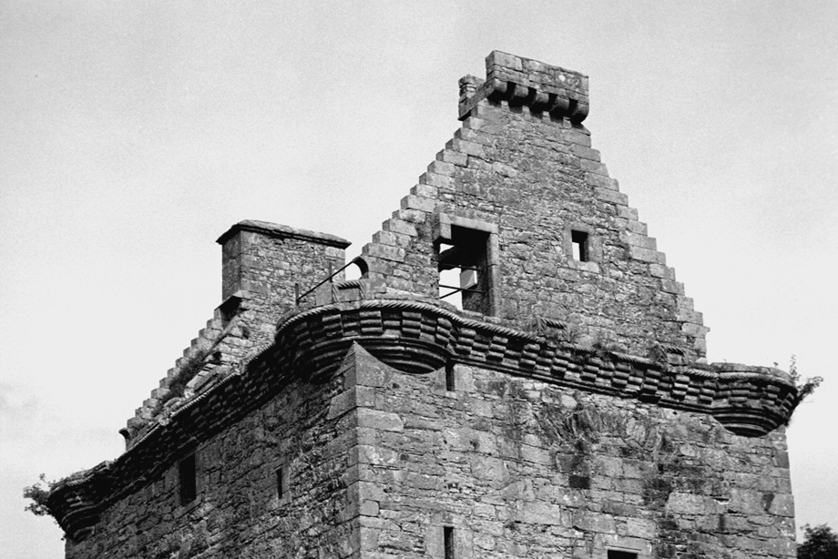 The top of a historic stone tower