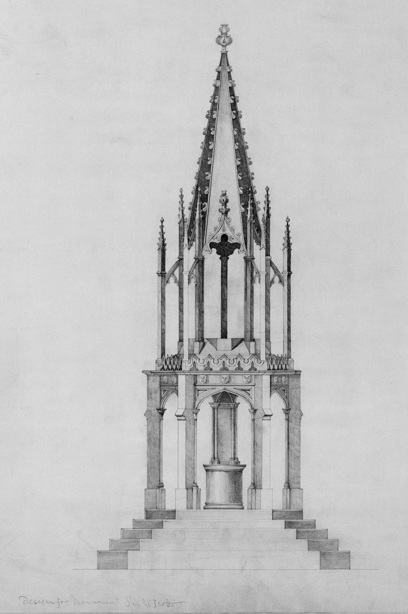 Drawing of the intricate, gothic details of the Scott Monument 