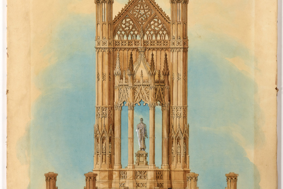 A watercolour design of an intricate memorial centred around a large statue 