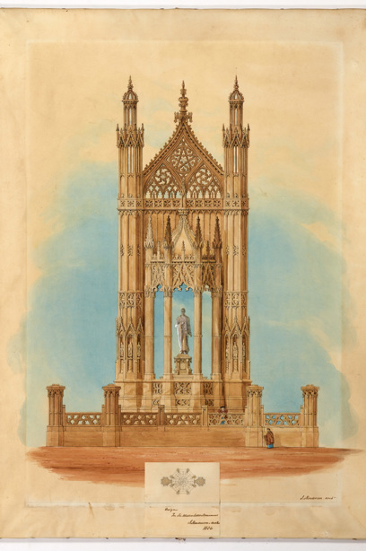 A watercolour design of an intricate memorial centred around a large statue 