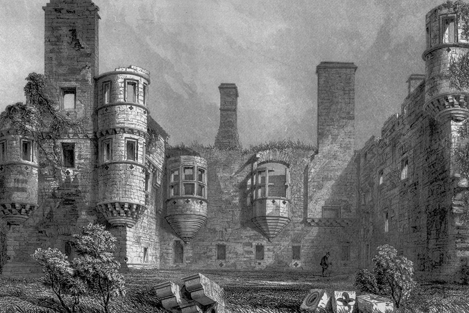 A dramatic scene of a partially ruined Baronial building