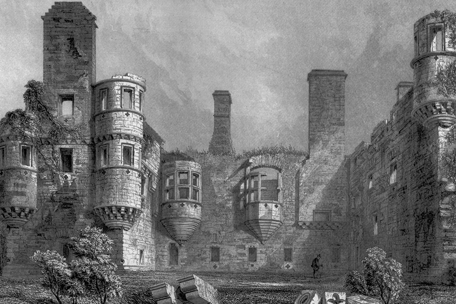 A dramatic scene of a partially ruined Baronial building
