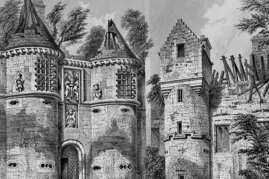 A series of tall, partially ruined towers