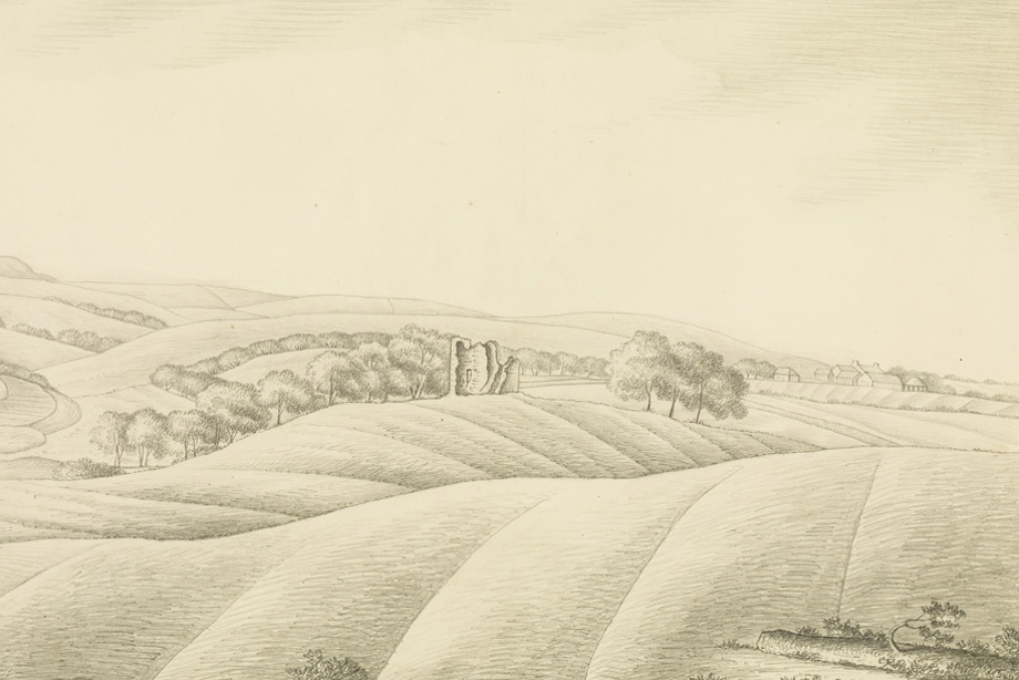 A small ruined tower house sitting amongst rolling fields