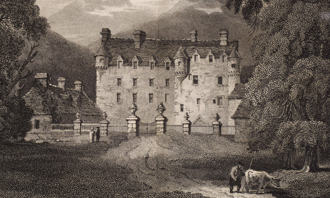 A white building with numerous small windows and small turrets
