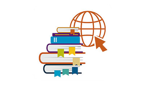 Icon for knowledge and advice with books piled and a world symbol