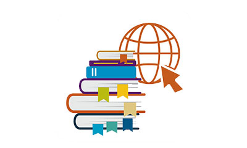 Icon for knowledge and advice with books piled and a world symbol