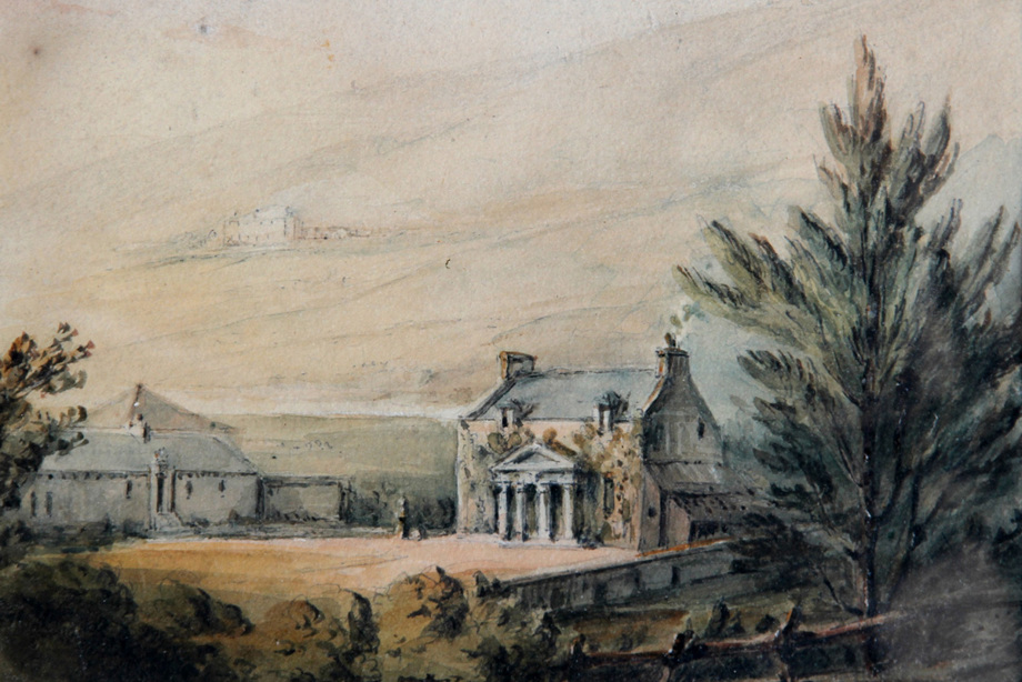 A watercolour painting of a building nestled amongst the hills.
