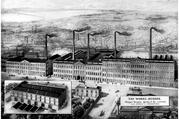 A large, long factory building spews out smoke from five chimneys and, in the distance, the smokey rooftops of Dundee city.