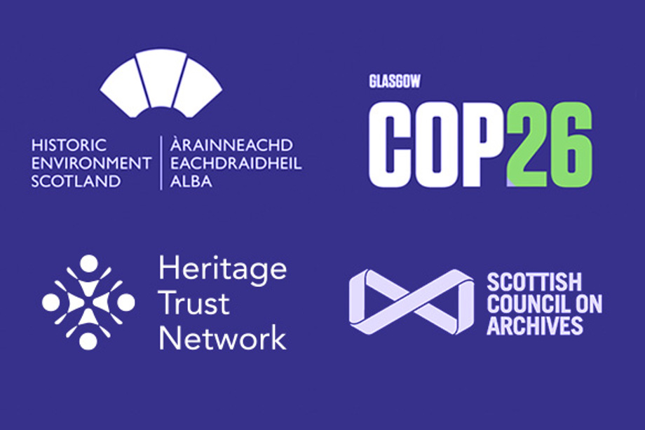 Logos for Historic Environment Scotland, COP26, the Heritage Trust Network and the Scottish Council on Archives