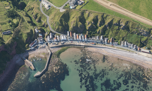 aerial image of a small fishing village