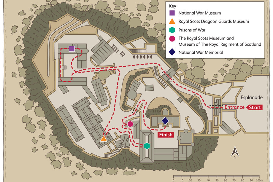 Aerial illustration of Edinburgh Castle buildings and routes