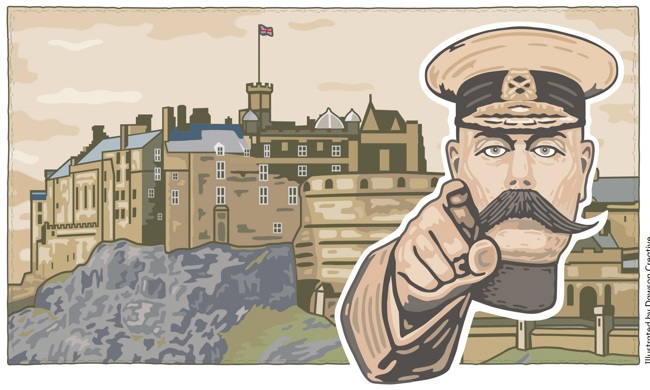 Illustration of Edinburgh Castle and an army leader in a hat pointing towards the viewer.