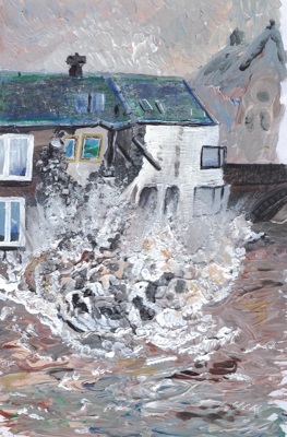 The unstoppable force of the river in flood destroying historic buildings.