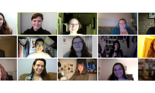 a screen shot of a Zoom call, where the faces of young people are shown in tiles