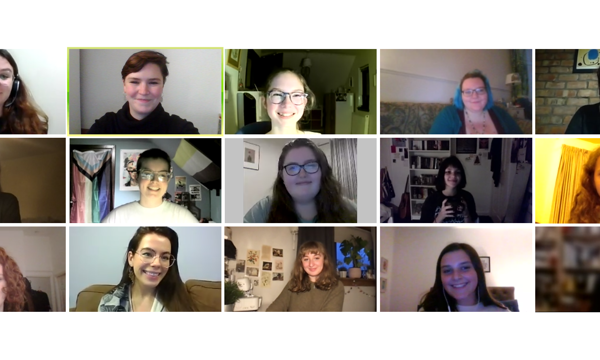 a screen shot of a Zoom call, where the faces of young people are shown in tiles