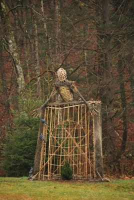 Environmental sustainable sculpture. Bird Santuary made of Wattle & Daub w wild bird seed 