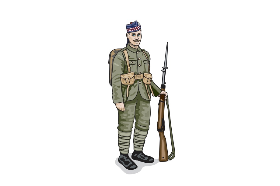 An illustration of a uniformed soldier carrying a backpack and holding a long rifle with bayonet.