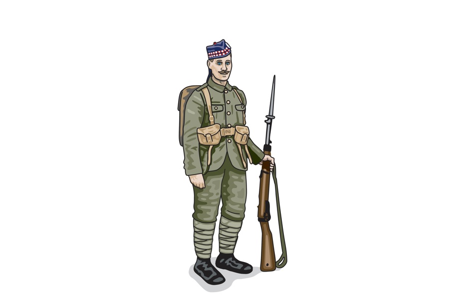 An illustration of a uniformed soldier carrying a backpack and holding a long rifle with bayonet.