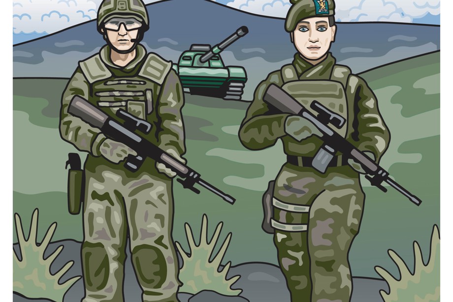 An illustration of soldiers holding guns and wearing contemporary military uniform
