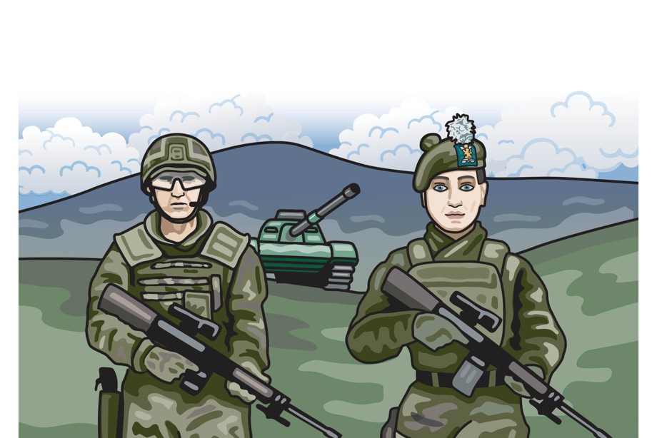 An illustration of soldiers holding guns and wearing contemporary military uniform