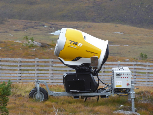 Snow cannon on Cairngorm ski slopes to replace the receeding natural snow.