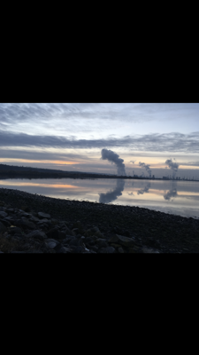 Reflections of steam from cooling towers 