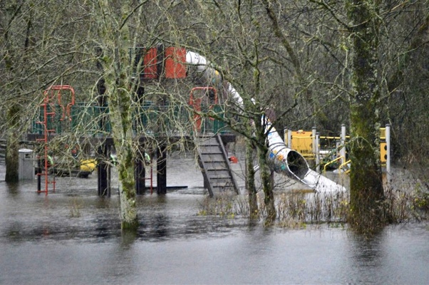 Severe flooding in the Stirlingshire town of Callander has turned this kid’s play park into a water park. 
