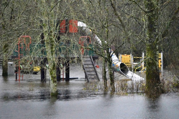 Severe flooding in the Stirlingshire town of Callander has turned this kid’s play park into a water park.