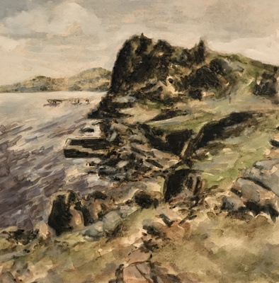 This shows a rocky coastline at Silver sands beach, Aberdour which is being tarnished by the sea. Created in Tea stain, watercolour and gouache.
