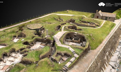 a 3D model detailing the layout of Skara Brae shown from above, with small interlinked drystone rooms