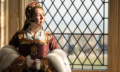 A costumed performer portraying Mary de Guise in the Great Hall at Stirling Castle