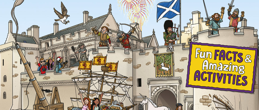 Illustration of Stirling Castle with a catapult being fired, a lion, unicorn and a piper among other illustrated characters are pictured