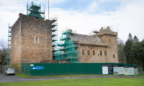 Dean Castle with scaffolding around it