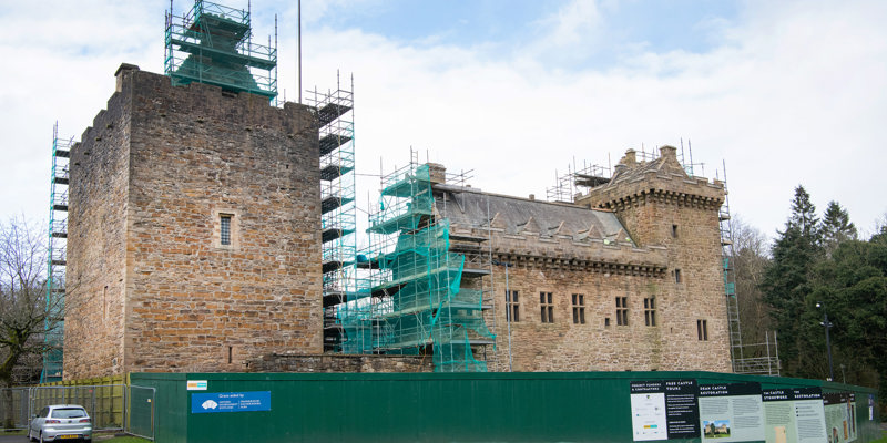 Dean Castle with scaffolding around it